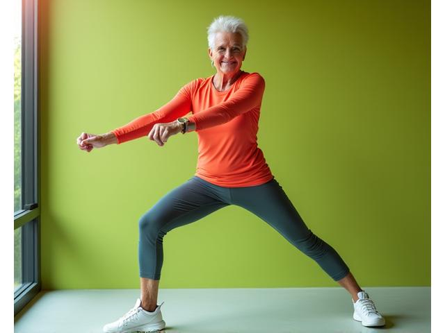 Adulto mayor sonriendo y levantando un brazo, mostrando vitalidad en un estudio de ejercicio con equipo moderno.