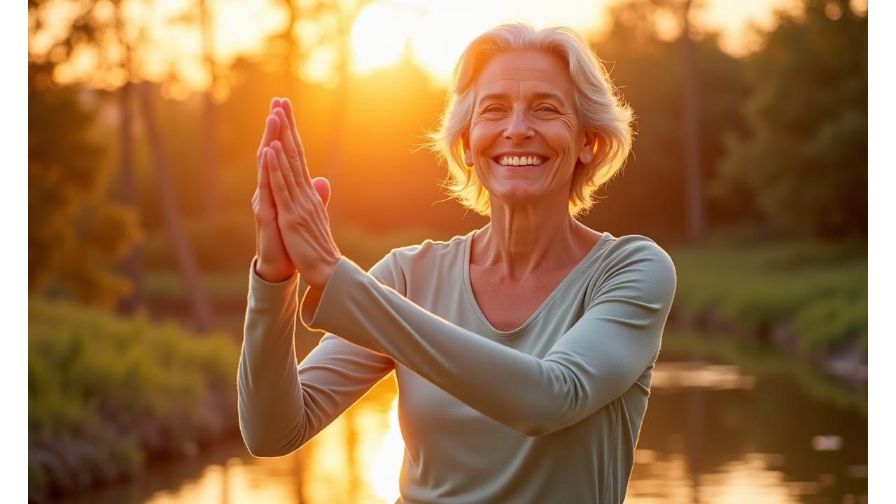 Mujer 50+ sonriendo y haciendo yoga al amanecer, simbolizando vitalidad y sabiduría.