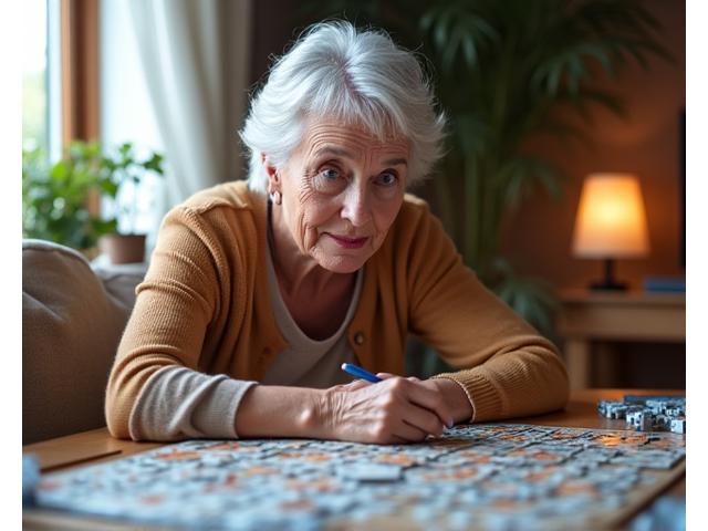 Persona mayor resolviendo un rompecabezas de Sudoku con una sonrisa, simbolizando agilidad mental.