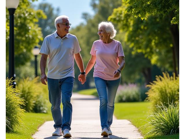 Pareja de adultos mayores activos y sonrientes practicando senderismo al aire libre, reflejando vitalidad y bienestar a medida que envejecen.
