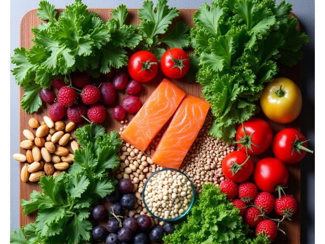 Variedad de alimentos frescos y coloridos como verduras, frutas y granos enteros sobre una tabla de madera, simbolizando la nutrición funcional.