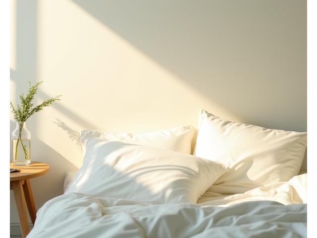 Dormitorio sereno y acogedor con sábanas limpias y luz tenue, una taza de té de hierbas en la mesita de noche, simbolizando un sueño reparador.