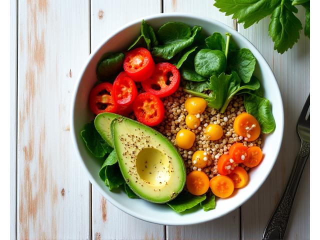 Un plato de comida colorida y saludable, rica en vegetales y proteínas.