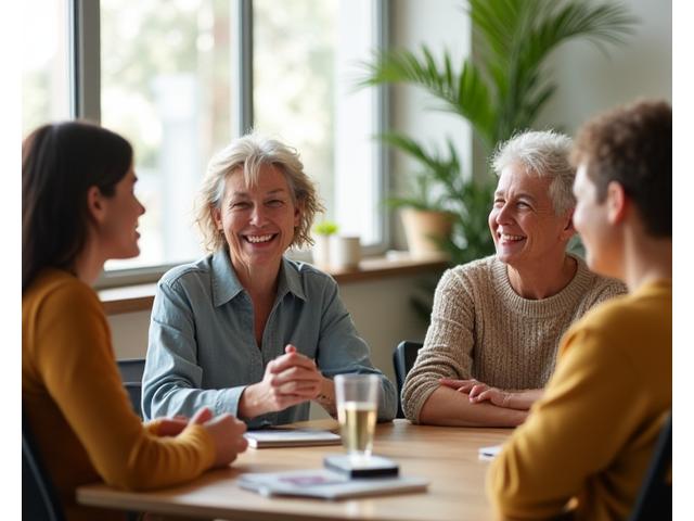 Grupo diverso de adultos sonriendo y conversando en un espacio abierto, simbolizando conexión y bienestar.