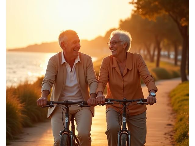Pareja mayor activa sonriendo, disfrutando de la vida al aire libre