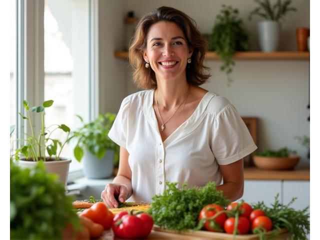 Mujer sonriente preparando comida saludable