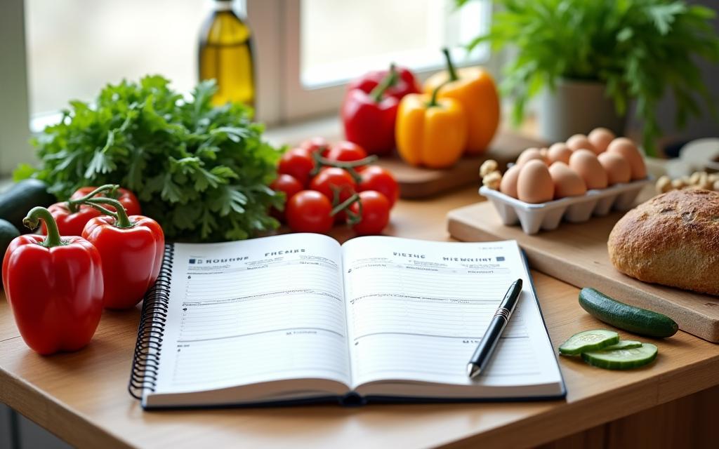 Una mesa de cocina limpia y ordenada con un cuaderno de planificación semanal abierto, utensilios de cocina, y varios ingredientes frescos y coloridos como verduras, frutas y granos enteros, listos para la preparación de comidas.