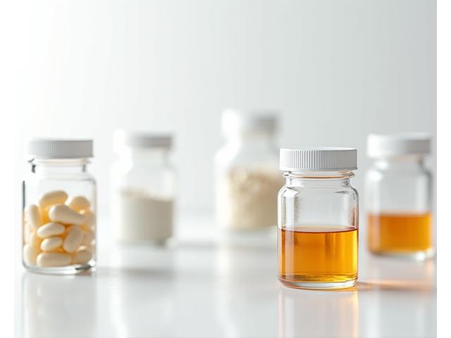 Diversos frascos de suplementos de alta calidad con etiquetas limpias y botellas transparentes, mostrando tabletas, cápsulas y polvos, sobre un fondo blanco y minimalista.