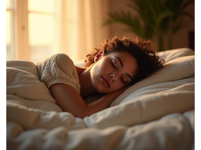 Mujer mayor de 35 durmiendo plácidamente con luz cálida y relajante