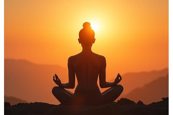 Persona meditando pacíficamente al atardecer, con colores cálidos.
