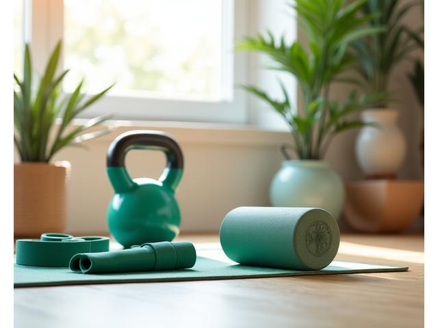 Bandas de resistencia, kettlebell pequeño y una botella de agua sobre una esterilla de ejercicio.