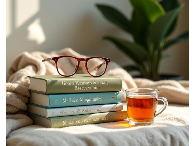 Varios libros apilados sobre nutrición, yoga y psicología positiva.