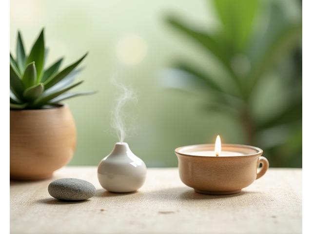 Pequeña fuente de agua zen, velas aromáticas y un libro sobre meditación.