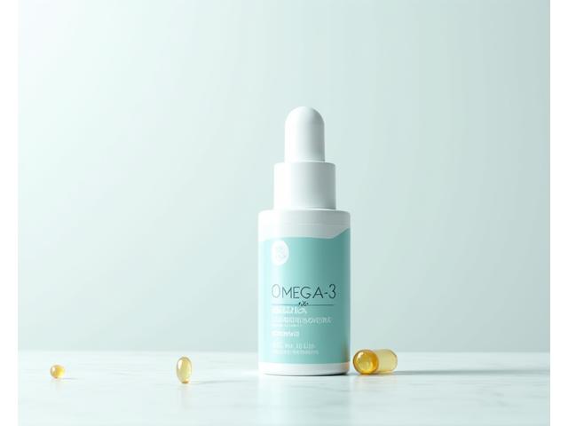 Botella de suplemento Omega-3 de alta pureza junto a cápsulas esparcidas.