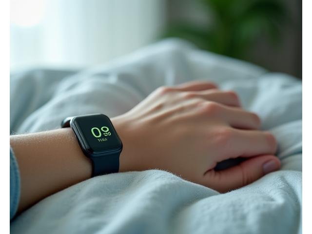 Pulsera monitora de actividad física con pantalla mostrando datos de sueño.
