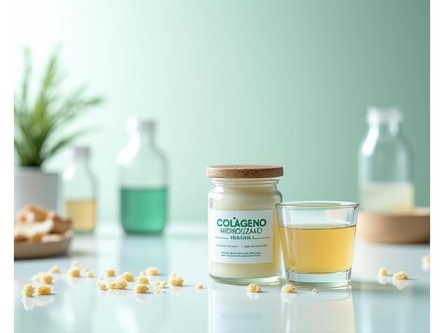 Envase de colágeno hidrolizado con un vaso de batido de proteína.