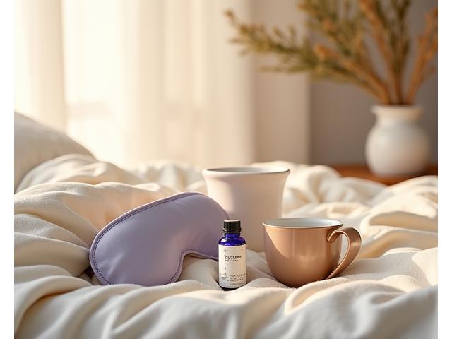 Máscara para dormir de seda, almohada ergonómica y difusor de aromaterapia.