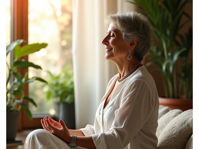 Mujer sonriente de mediana edad en un espacio sereno, rodeada de elementos naturales, representando el bienestar personalizado y la calma.