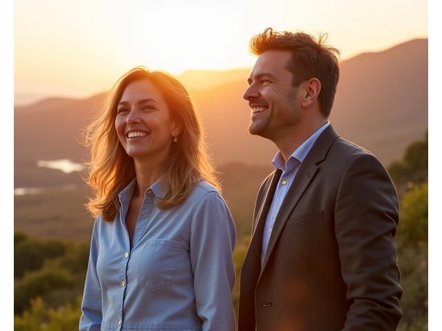 Imagen de los fundadores de Vida Serena, Marta y Javier, sonriendo en un entorno natural y sereno, simbolizando el comienzo de su plataforma de bienestar holístico.