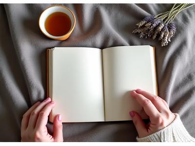 Mano escribiendo en un diario de gratitud junto a una taza de té y flores