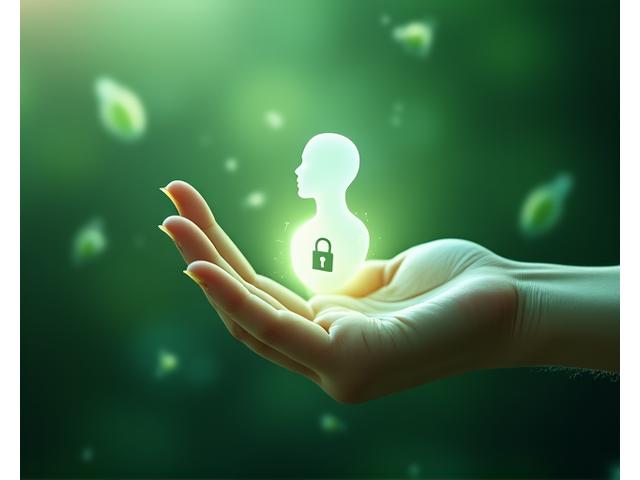 Una mano digital rodea una silueta humana estilizada con un icono de candado, que representa la protección de datos y la privacidad del usuario, con un sutil fondo de naturaleza.